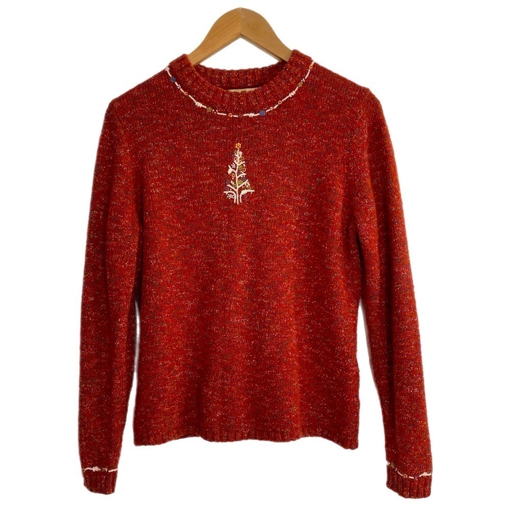 Woolrich red knit pullover holiday sweater w/ simple tree embroidery